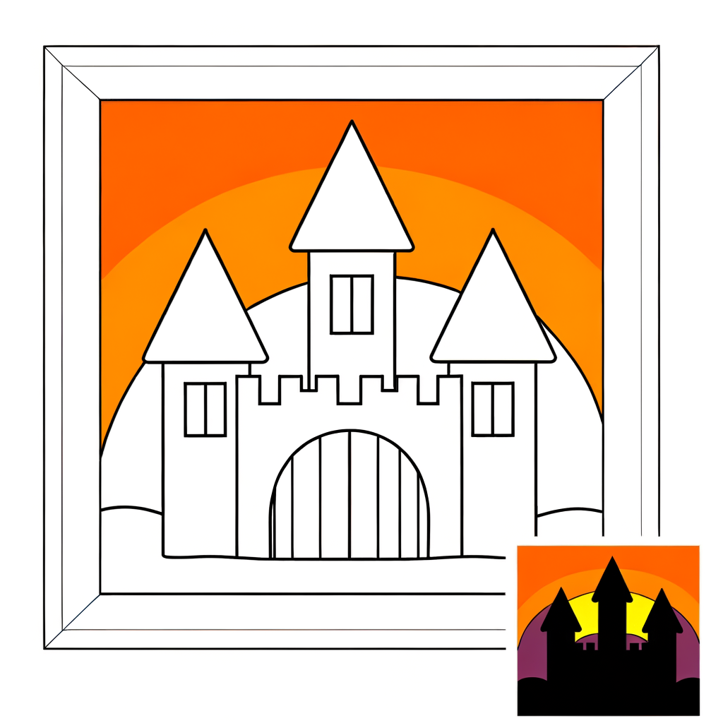 Cartoon castle coloring page with sunset sky in orange and purple colors