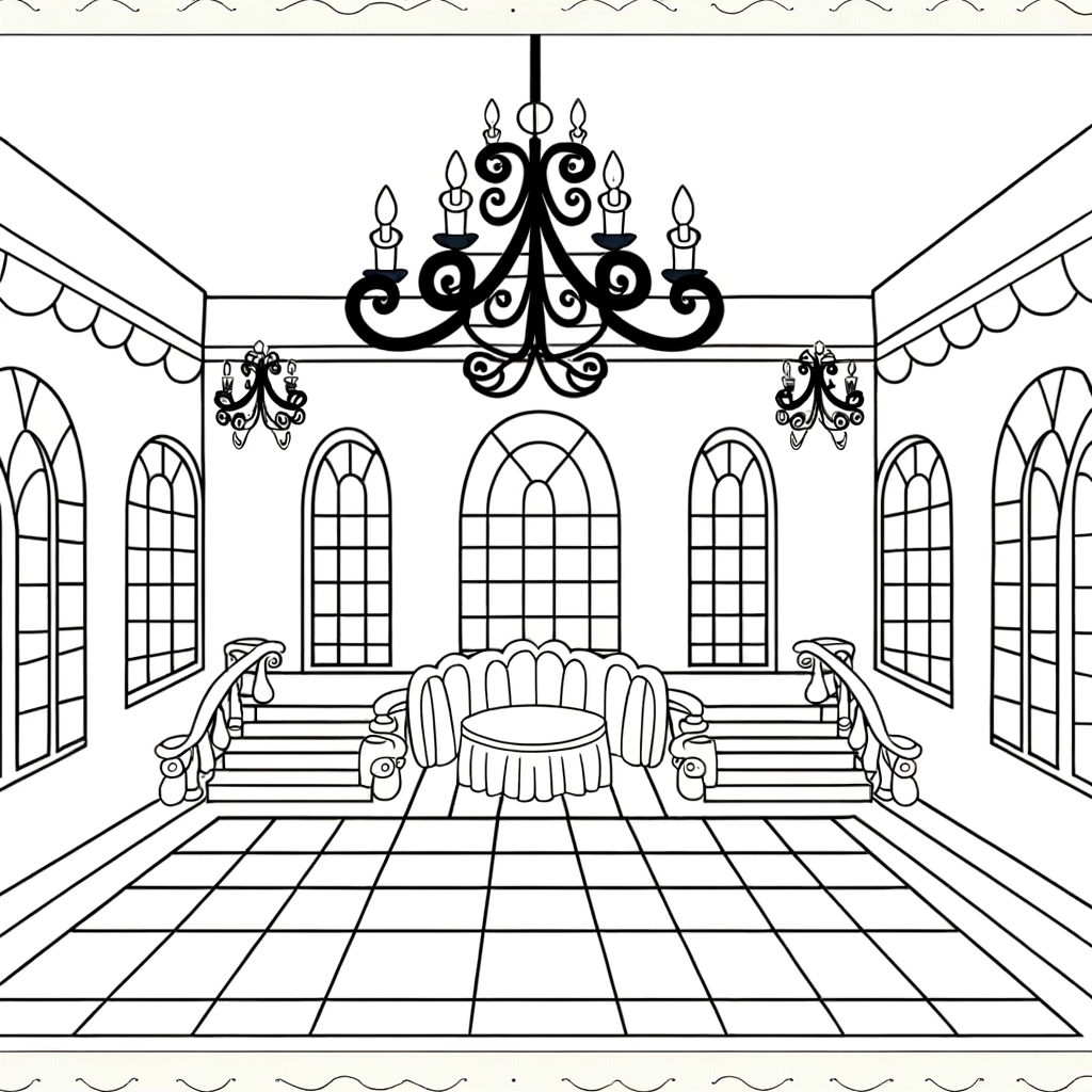 Cartoon castle ballroom coloring page with chandeliers hanging from ceiling and grand staircase