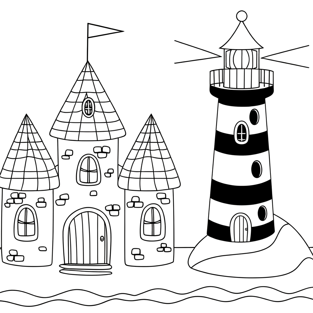 Cartoon castle by the sea with lighthouse tower coloring page for kids
