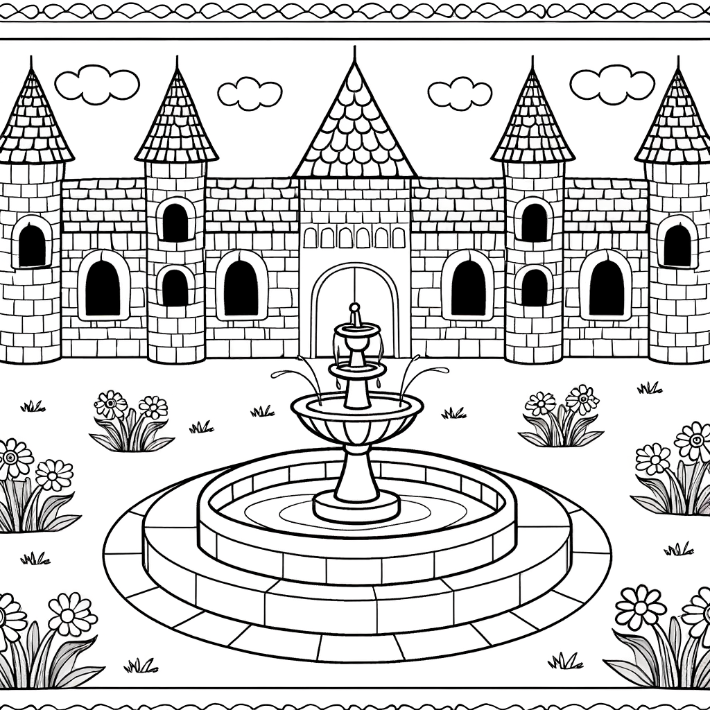 Cartoon castle courtyard coloring page with decorative fountain and flowers for kids to color