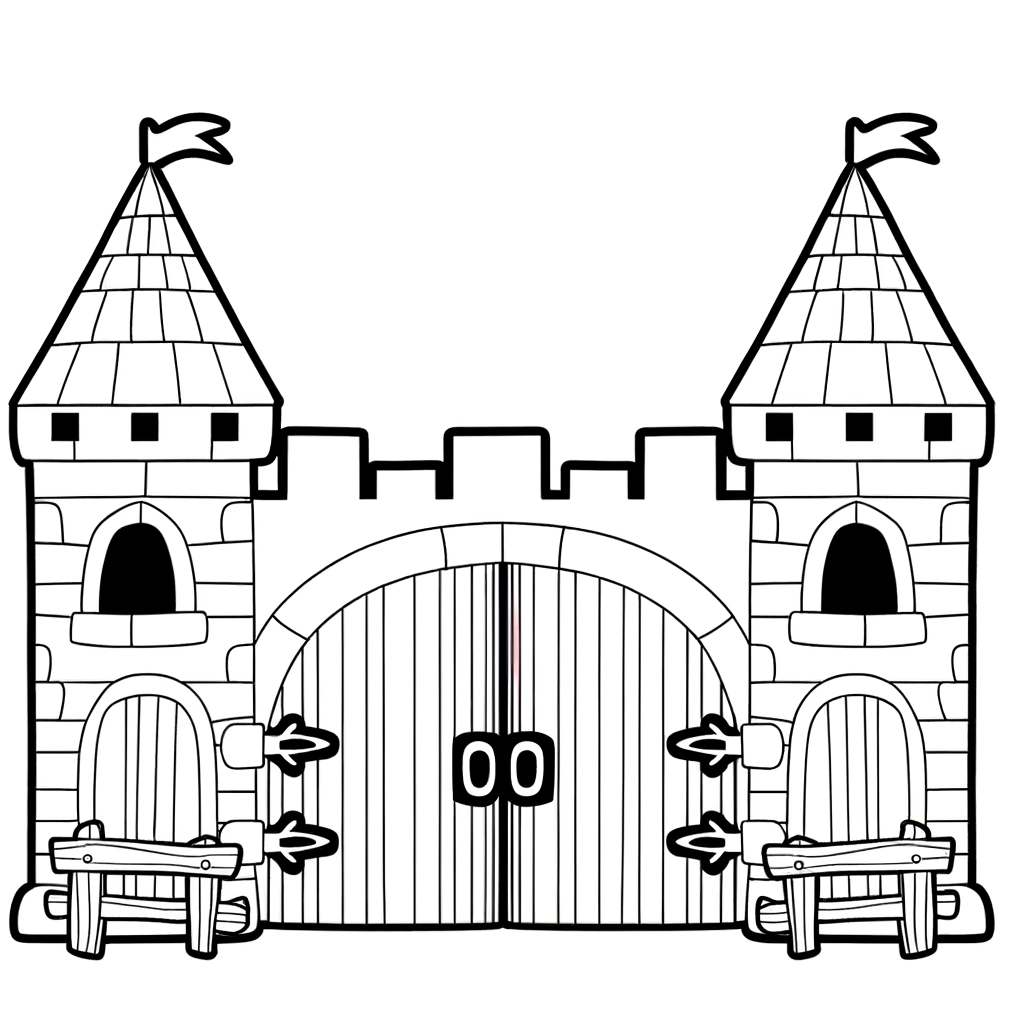 Cartoon castle gate coloring page with portcullis and guardhouse for kids