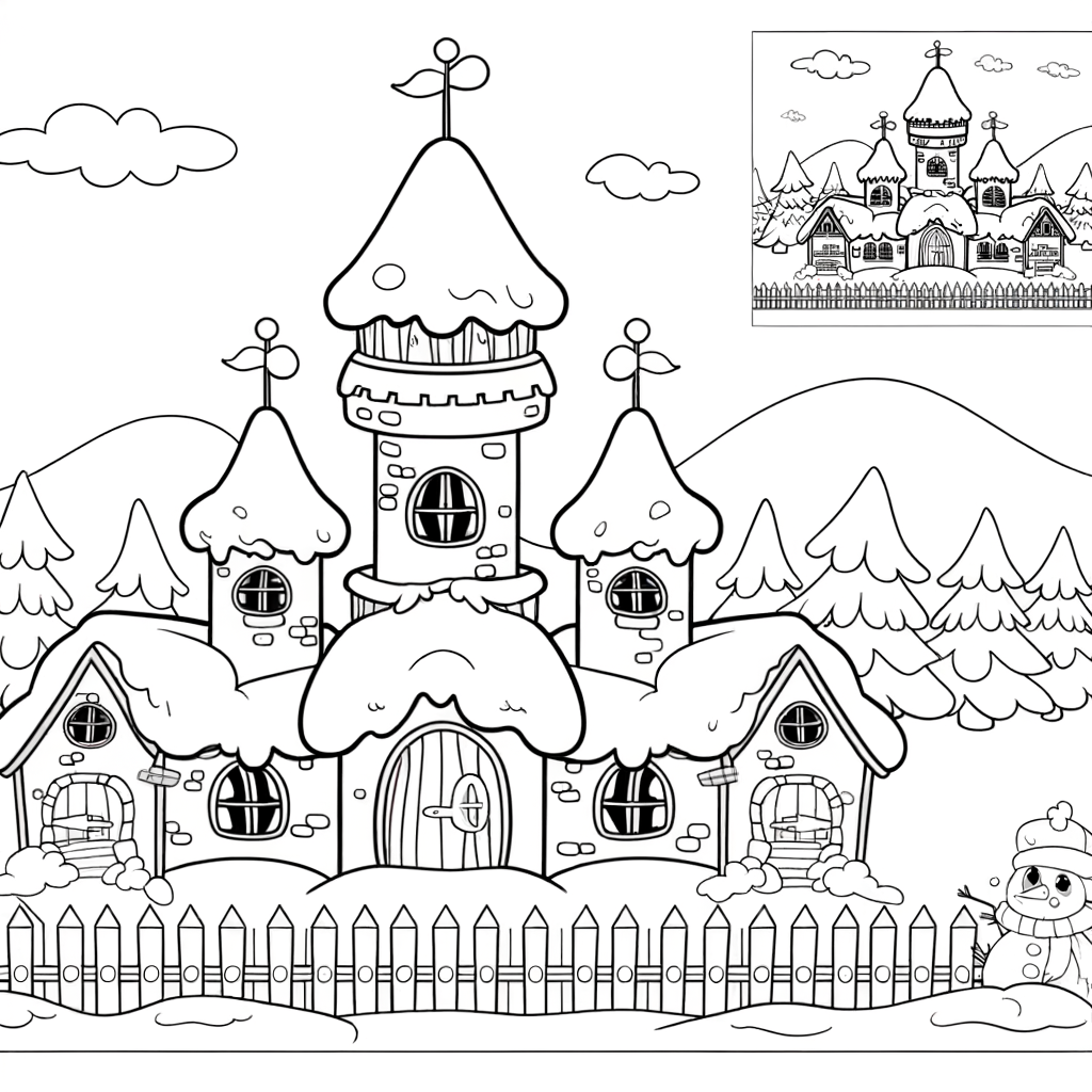 Cartoon castle coloring page in winter wonderland with snow-covered trees and magical setting