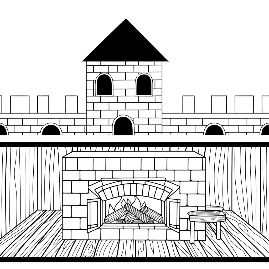 Cartoon medieval castle kitchen coloring page with cooking hearth, pots, and utensils