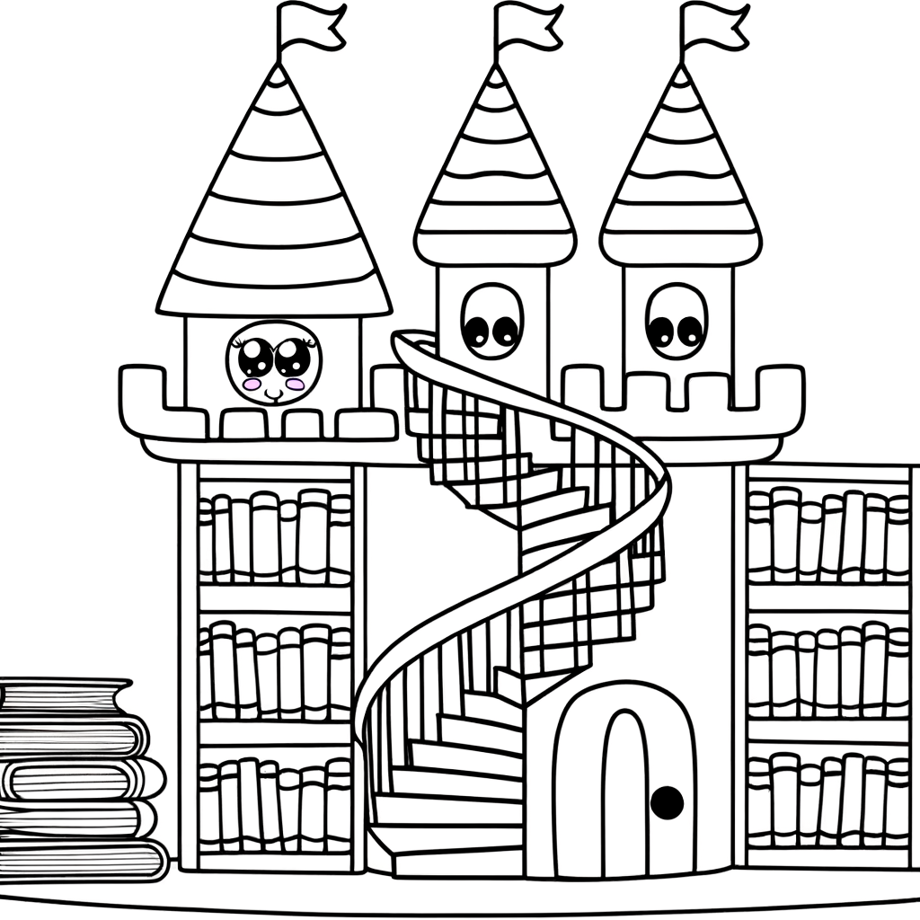 Cartoon castle library coloring page with spiral staircase and books on shelves