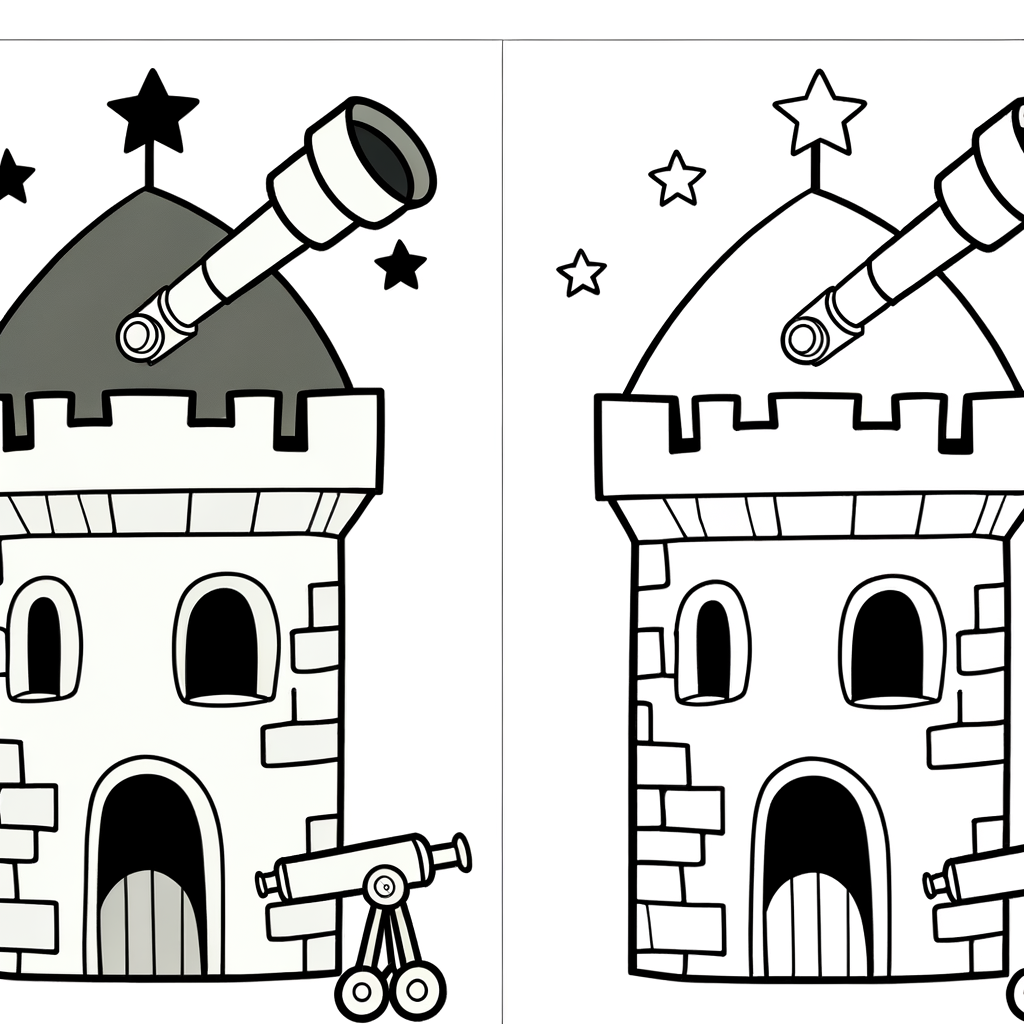 Cartoon castle observatory tower with telescope coloring page for kids