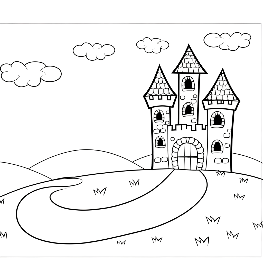 Cartoon castle coloring page showing a fairy tale castle on a hill with a winding path leading to the entrance gates