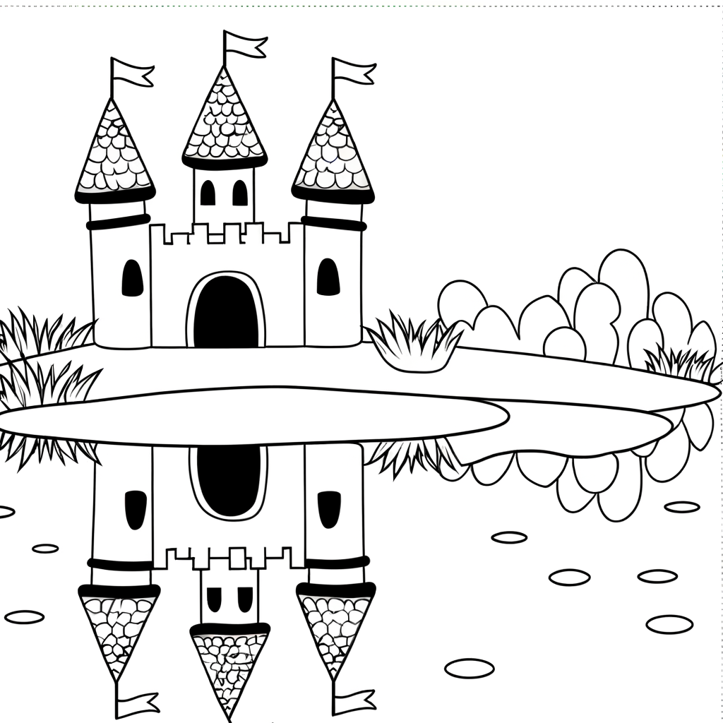 Cartoon castle with towers and flags reflected in calm lake water coloring page