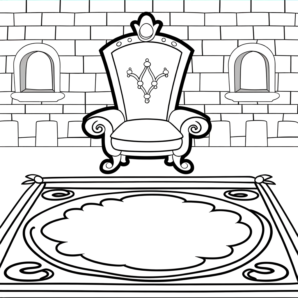 Cartoon castle throne room coloring page with royal throne and carpet