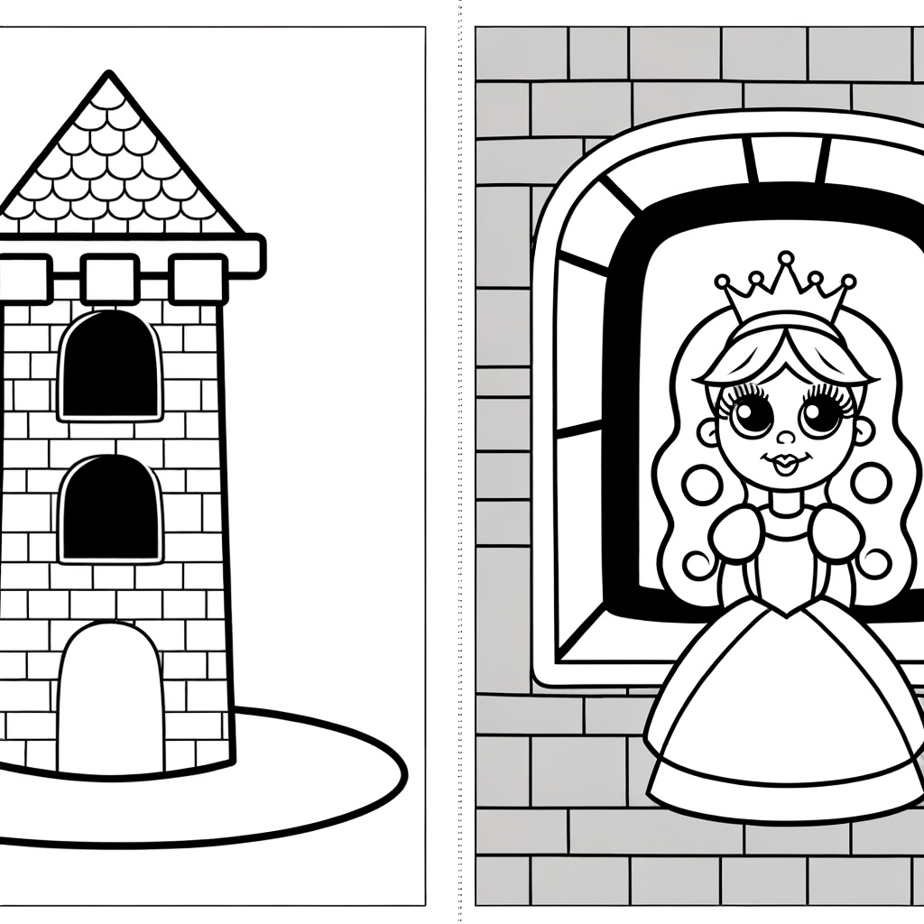 Cartoon castle tower coloring page with princess looking out window