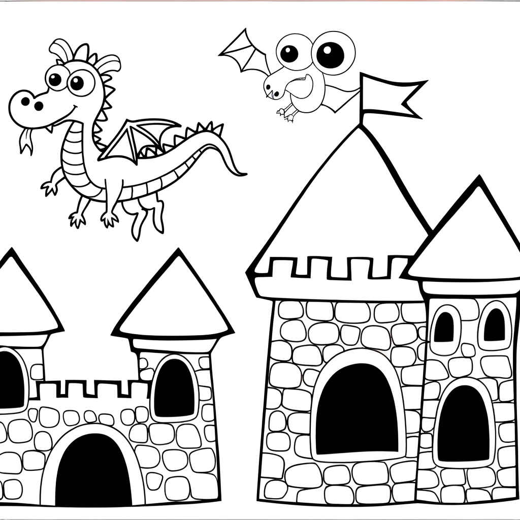 Cartoon castle coloring page with dragon flying overhead - fantasy themed printable art for children