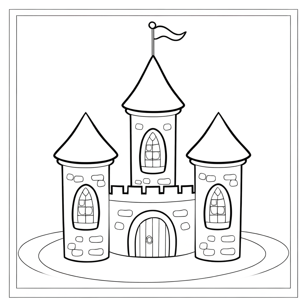 Cartoon castle coloring page with decorative stained glass windows for kids to color
