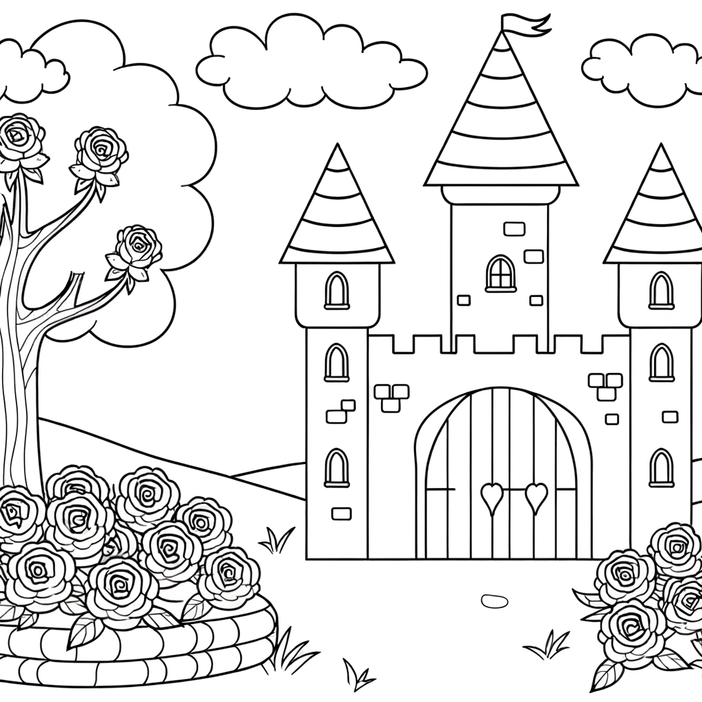 Cartoon castle with enchanted rose garden coloring page showing a fairy tale castle surrounded by blooming roses
