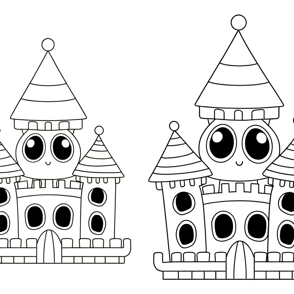 Cartoon castle coloring page with multiple towers and connecting bridges for kids to color