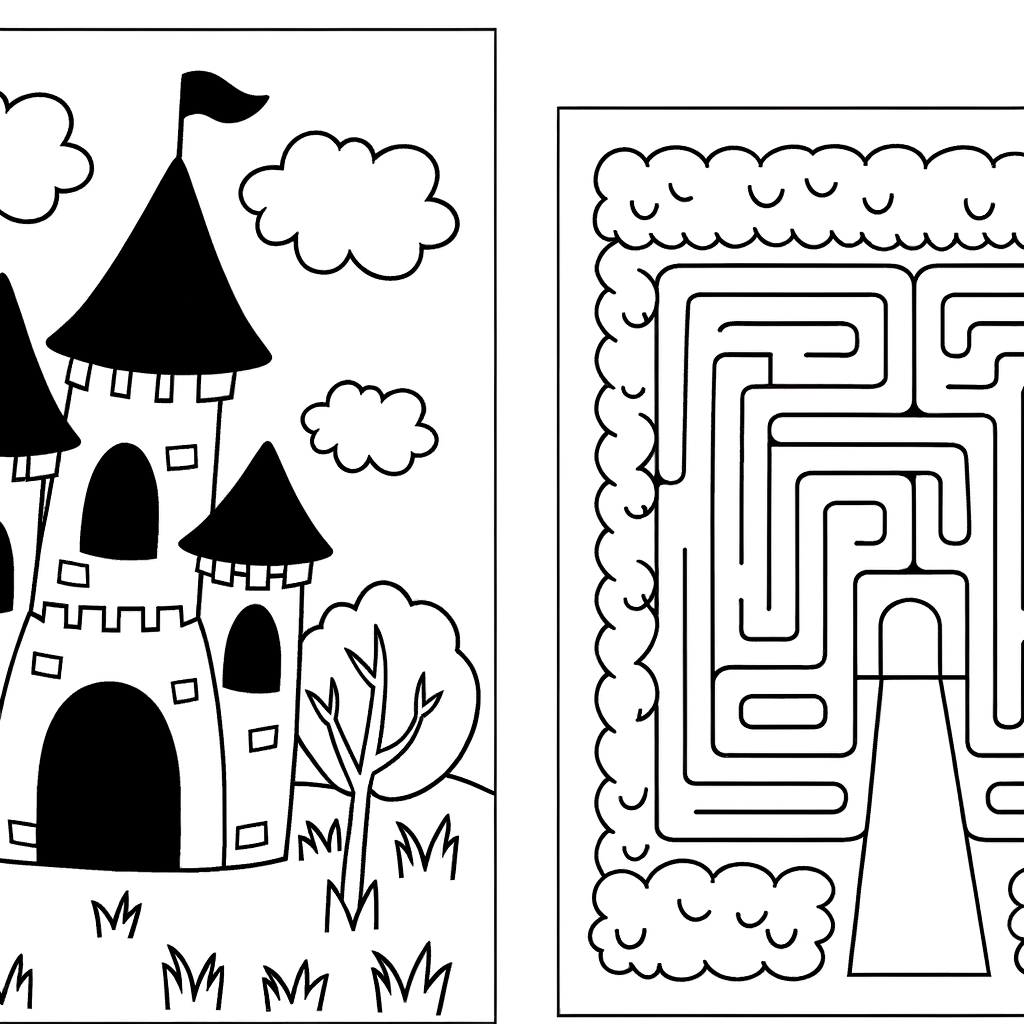 Cartoon castle coloring page with secret garden and hedge maze featuring towers, pathways and garden elements