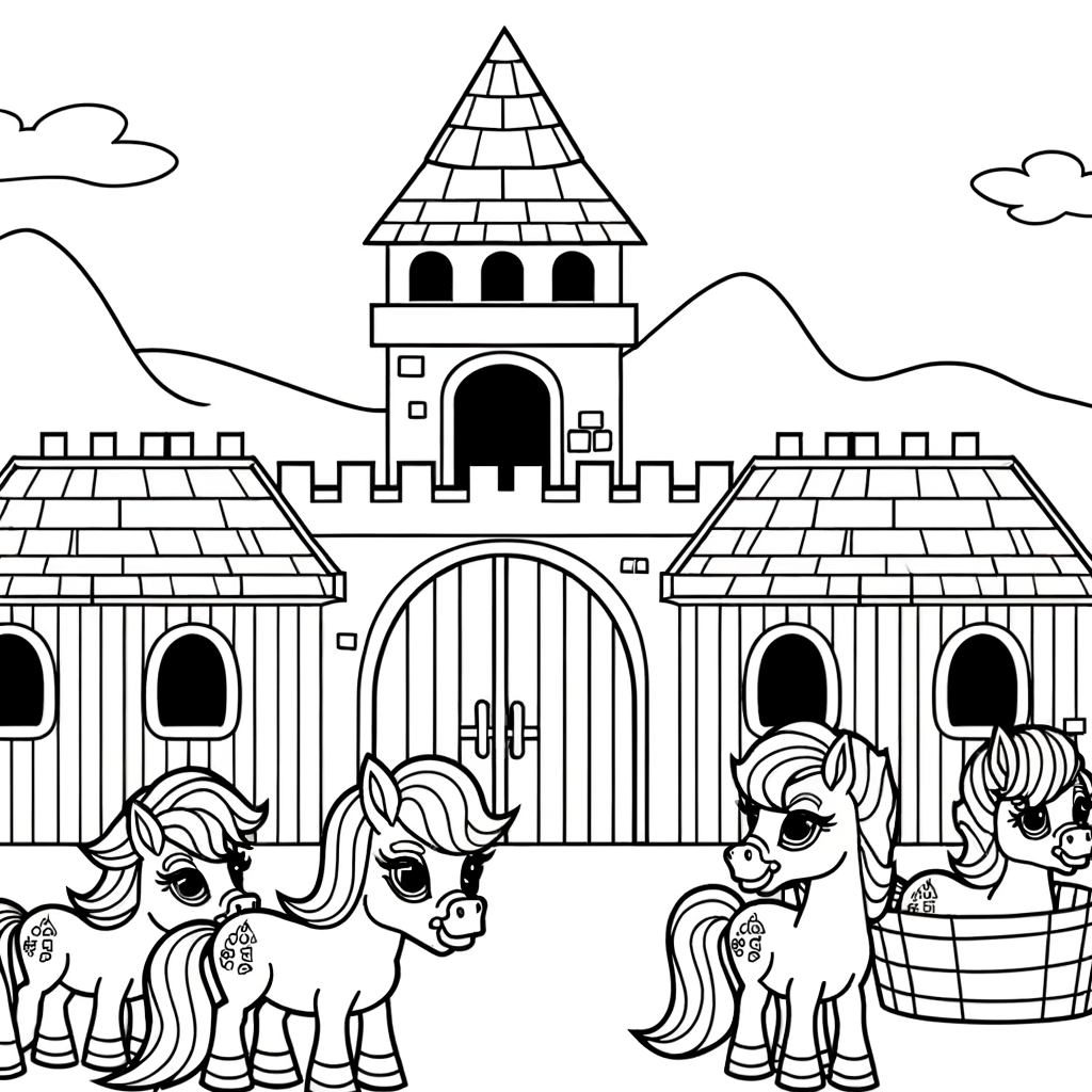 Cartoon castle coloring page with stables and royal horses for kids to color
