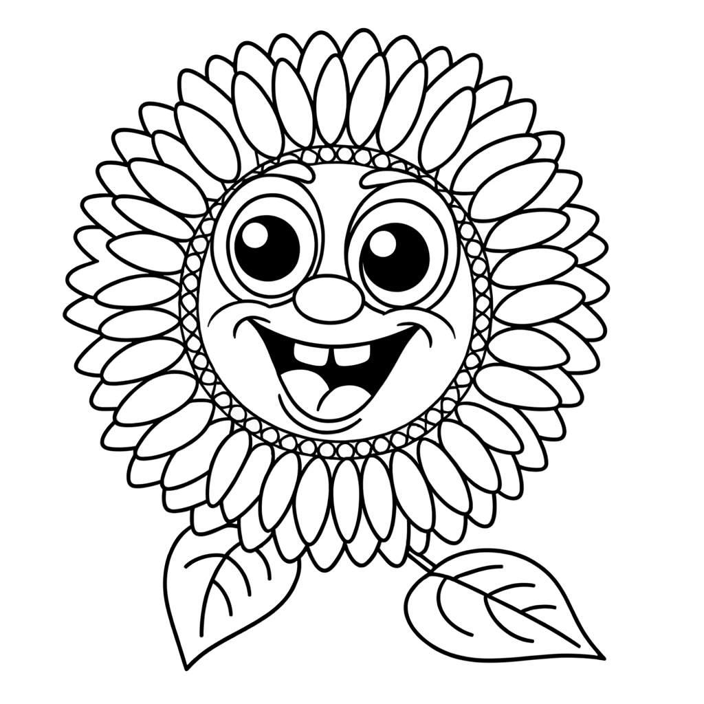 Cartoon cheerful sunflower with large center and petals coloring page