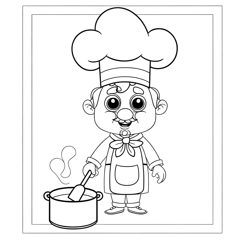 Cartoon chef coloring page showing a smiling cook wearing a tall chef's hat and apron