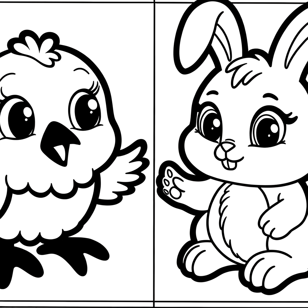 Coloring page of a cute cartoon chick and bunny rabbit becoming best friends