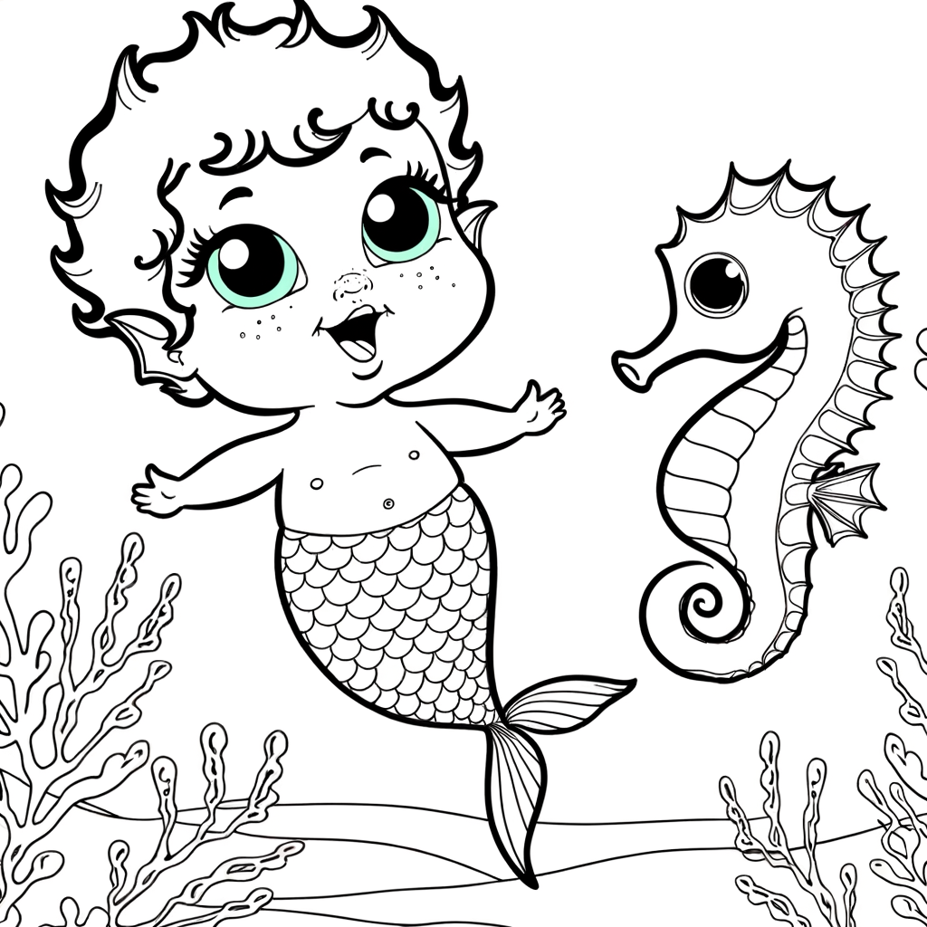 Coloring page of a cute cartoon baby mermaid playing with a smiling seahorse friend underwater