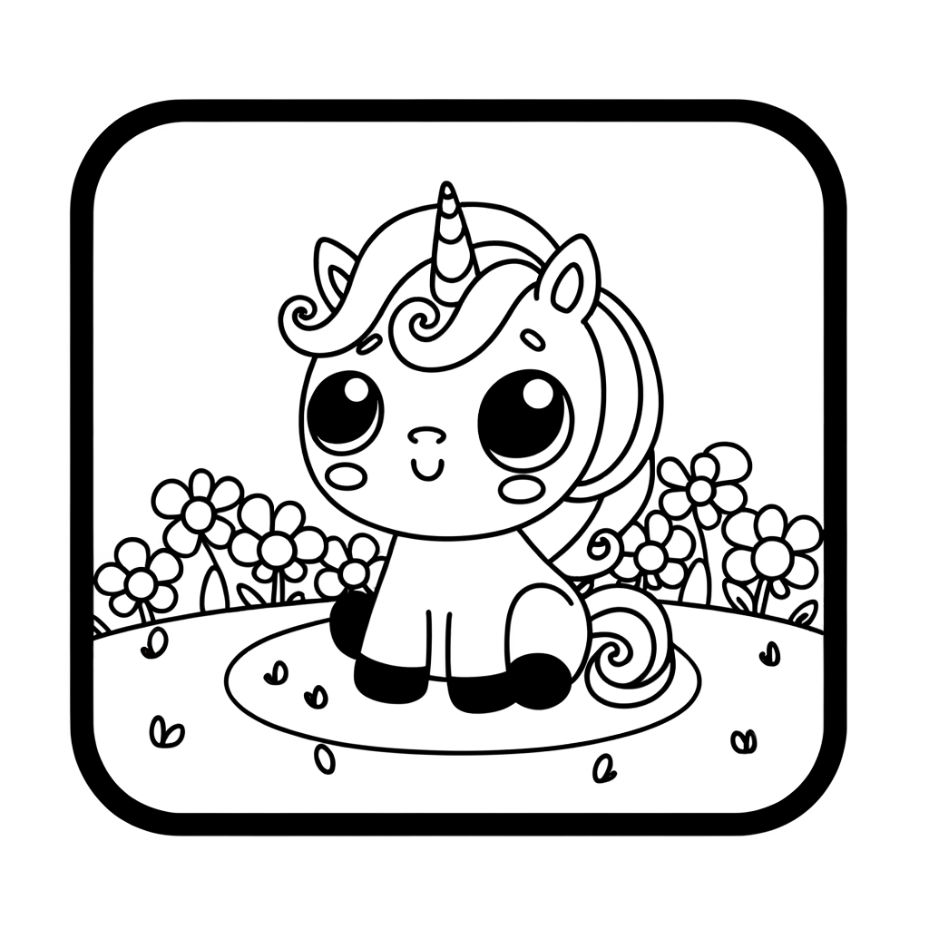Cute cartoon baby unicorn with small horn sitting in flower meadow coloring page
