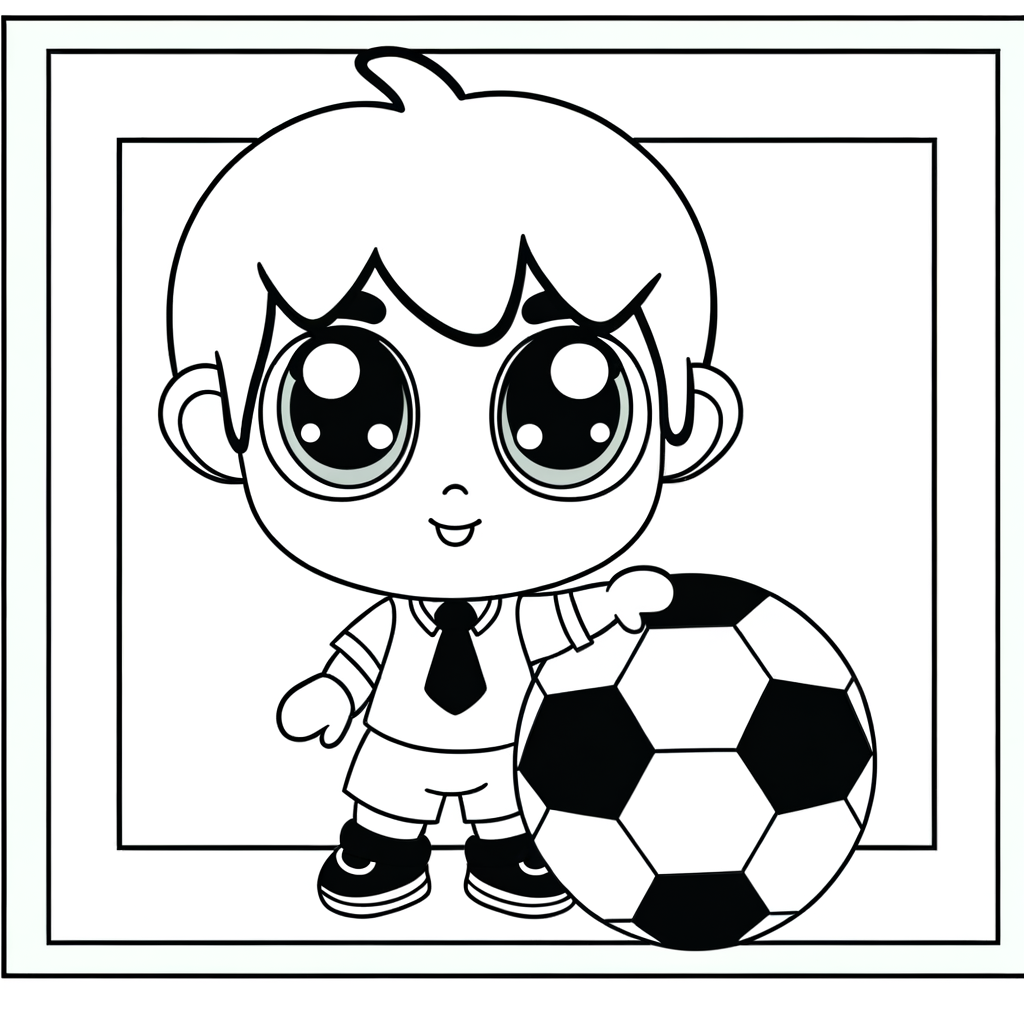 Cute chibi cartoon soccer player coloring page with ball for kids