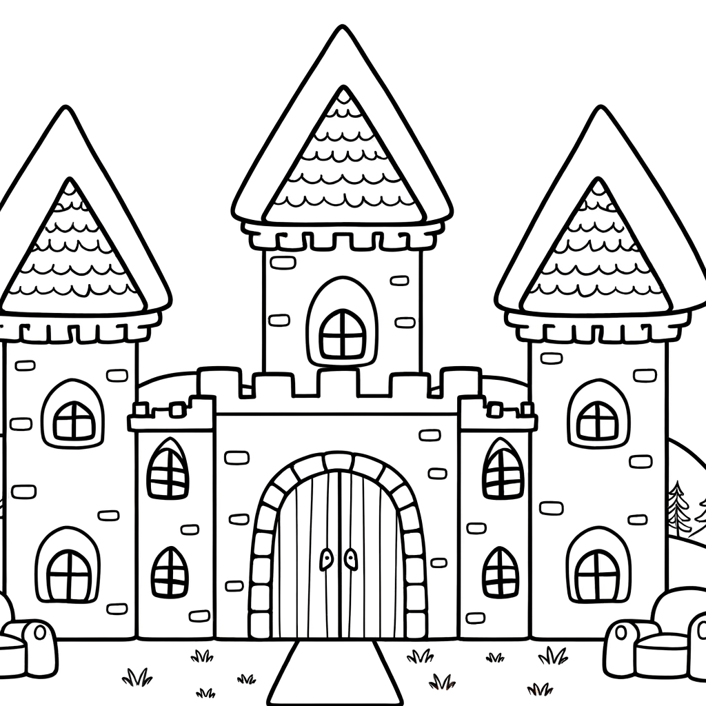 Cute chibi style fairy tale castle coloring page with cartoon features and whimsical towers