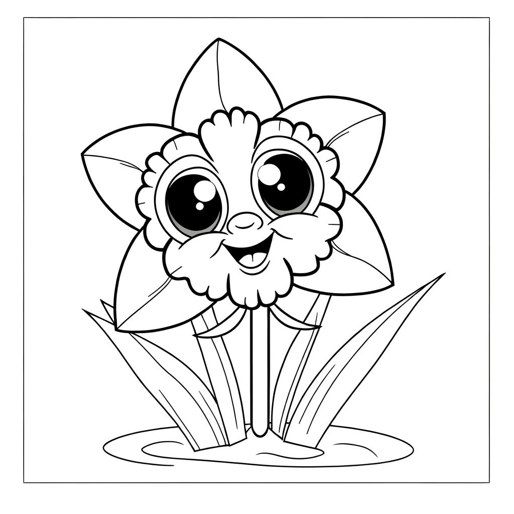 Cartoon daffodil coloring page with smiling face announcing spring arrival