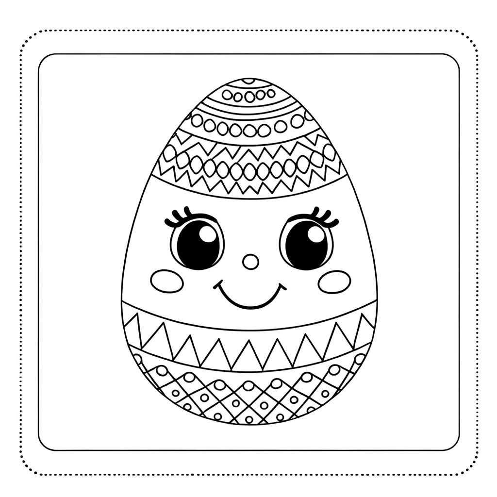 Printable coloring page of a decorated Easter egg with ornate patterns and designs