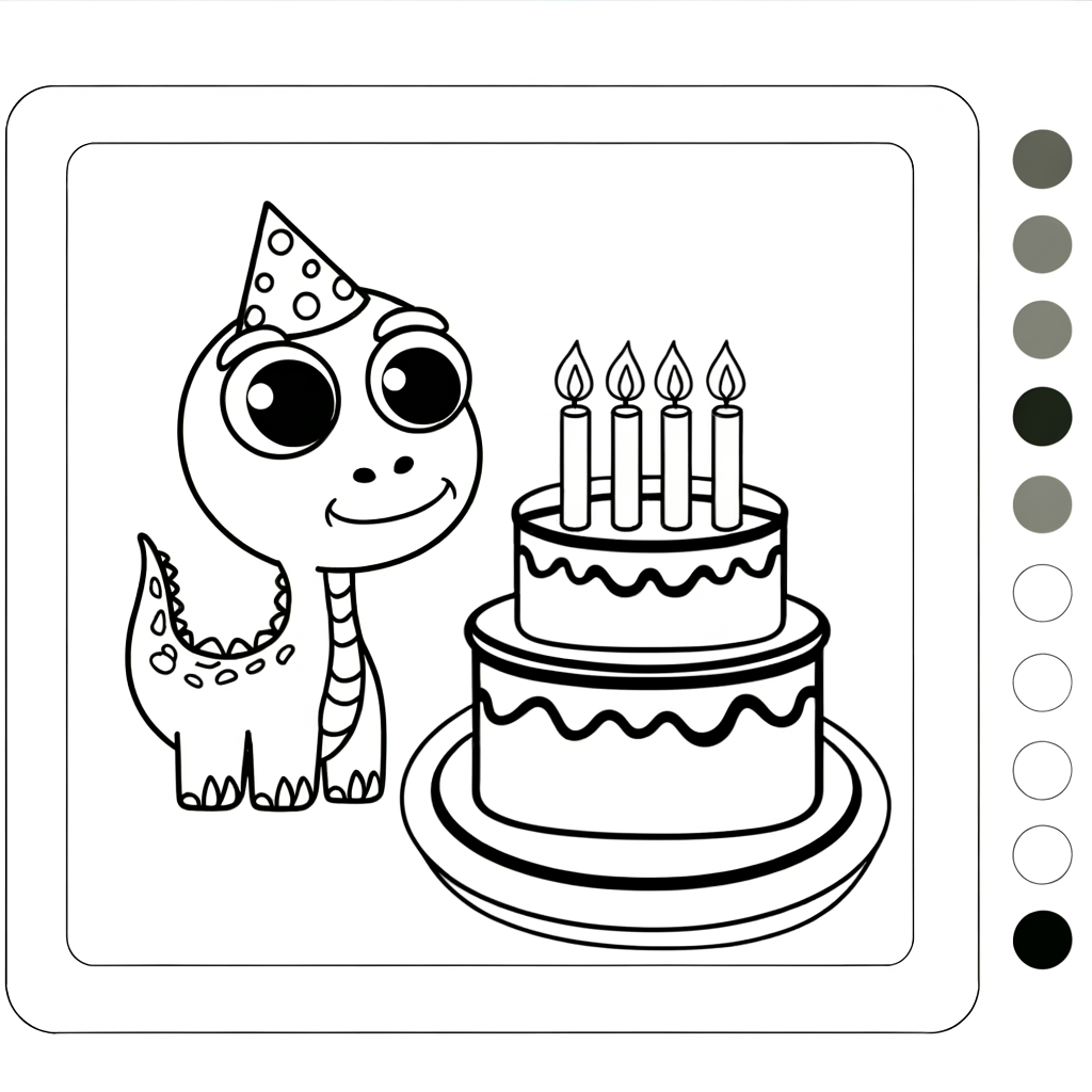 Cartoon dinosaur birthday cake coloring page with candles and decorative elements for kids to color