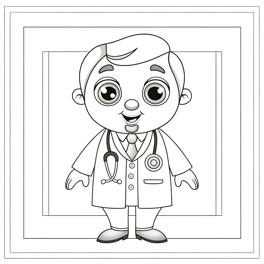 Cartoon doctor coloring page showing friendly medical professional in white coat with stethoscope