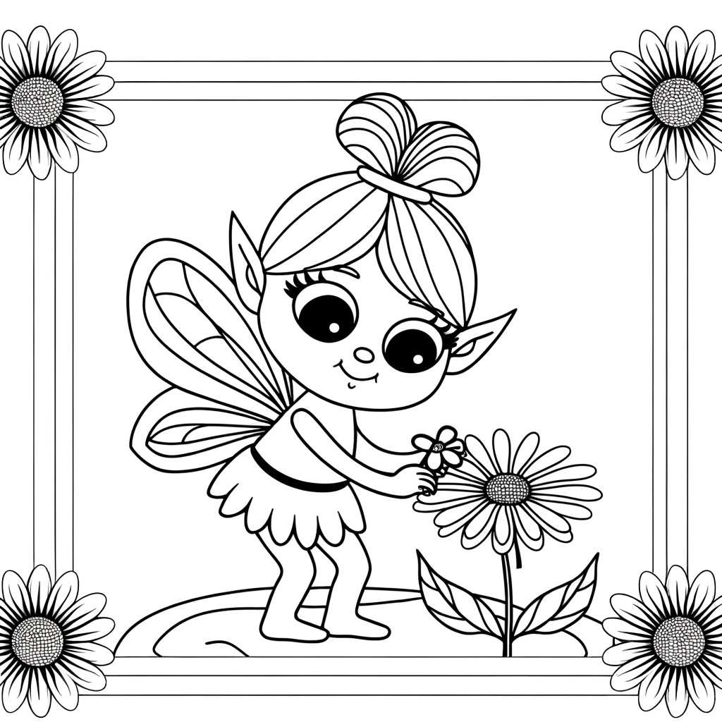 Cartoon fairy with wings collecting nectar from flowers coloring page for kids