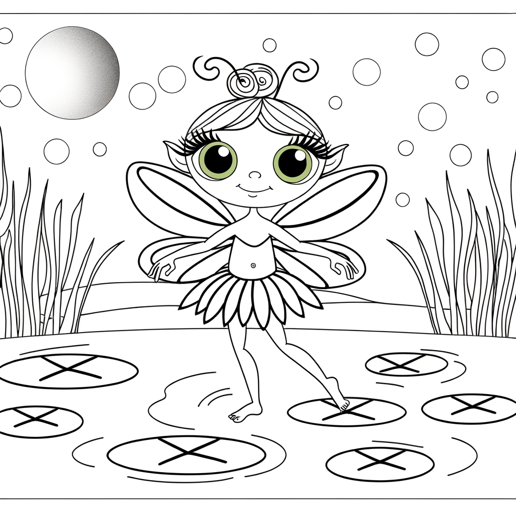 Cartoon fairy dancing on lily pads in moonlit pond coloring page