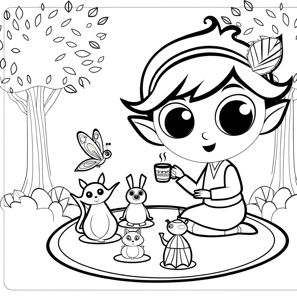 Coloring page of a cartoon fairy having a tea party with forest animals including rabbits, squirrels and woodland creatures