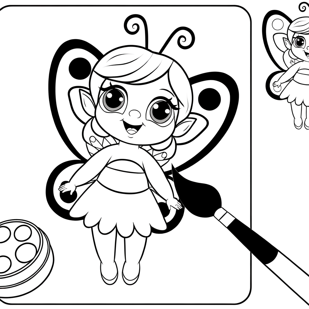 Cartoon fairy with magic paintbrush painting colorful butterfly wings coloring page