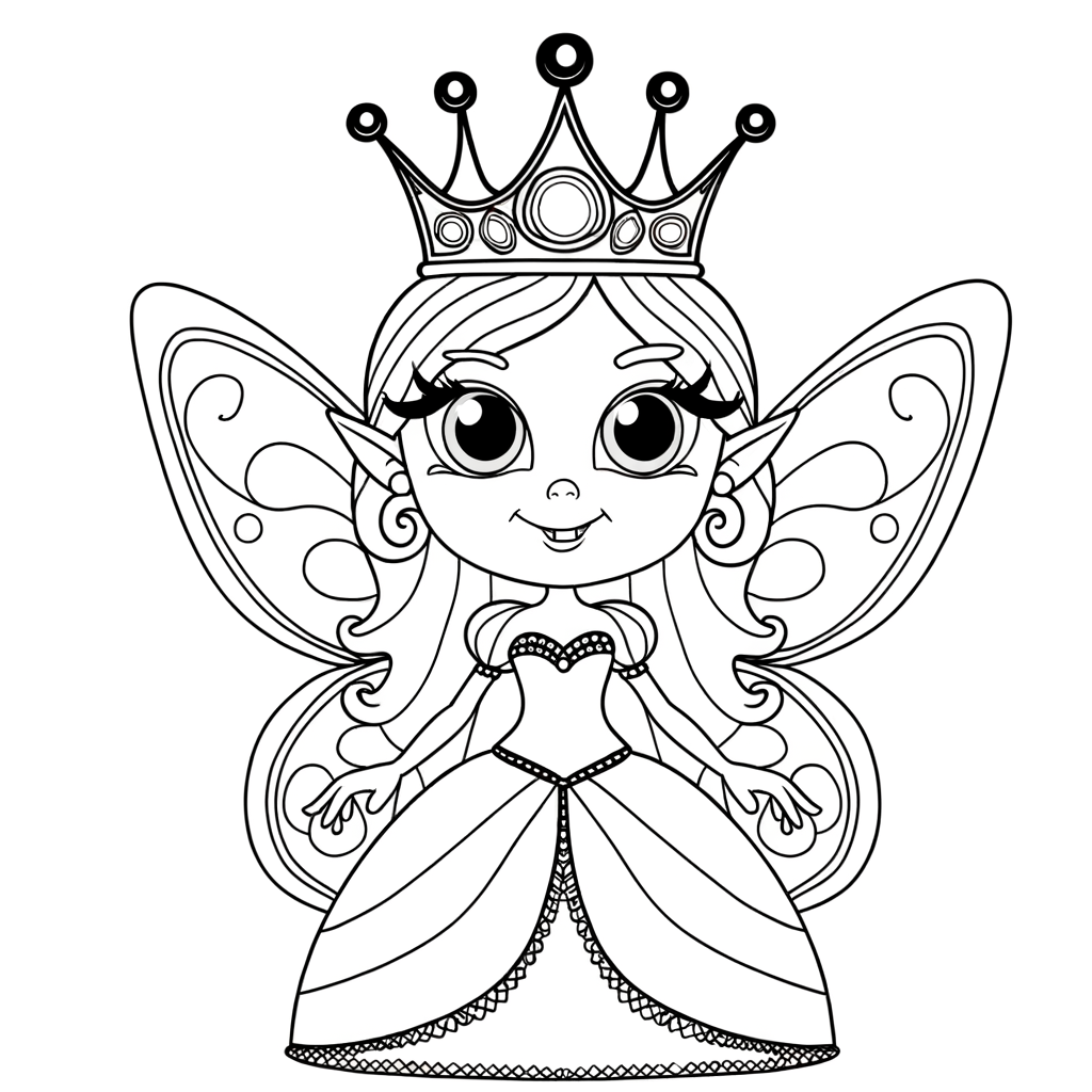 Cartoon fairy queen coloring page with elaborate crown and royal dress for kids to color