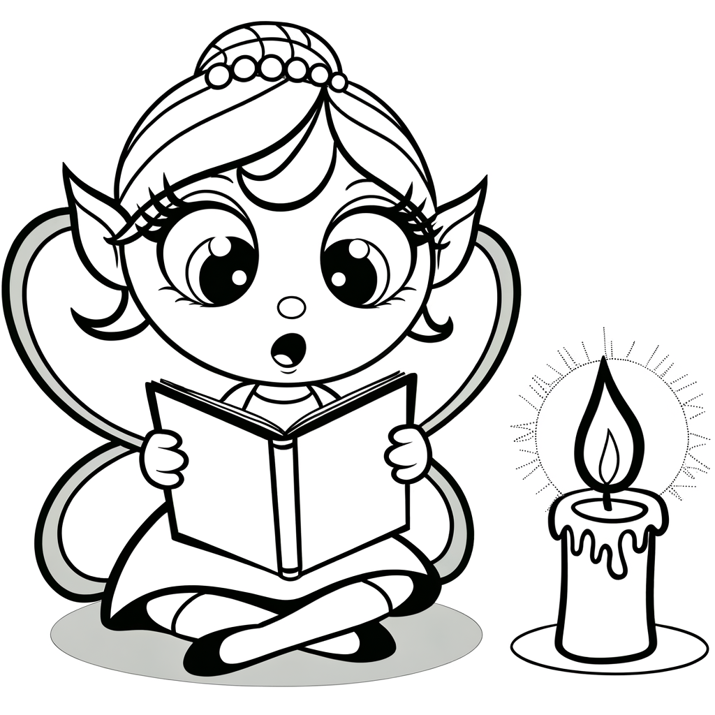 Cartoon fairy reading a small book by candlelight coloring page