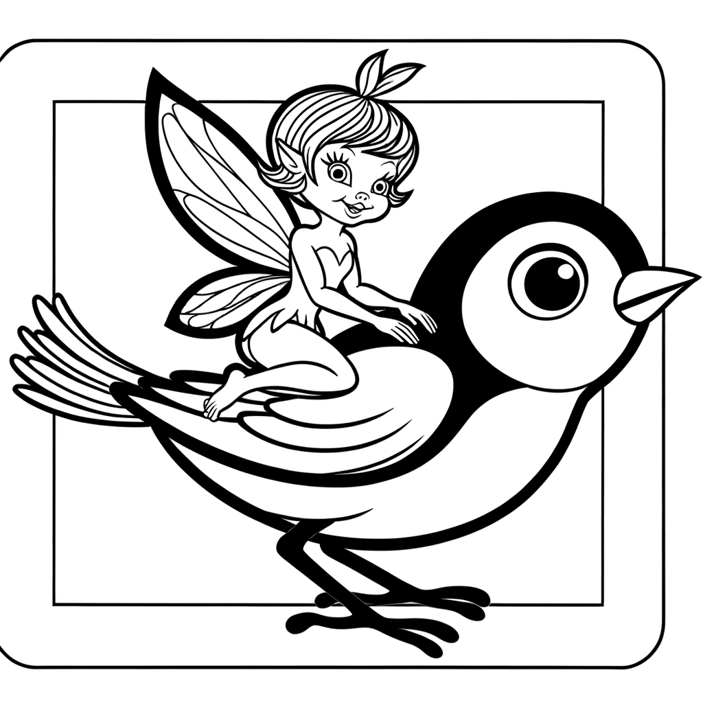 Cartoon fairy riding on friendly bluebird coloring page for kids