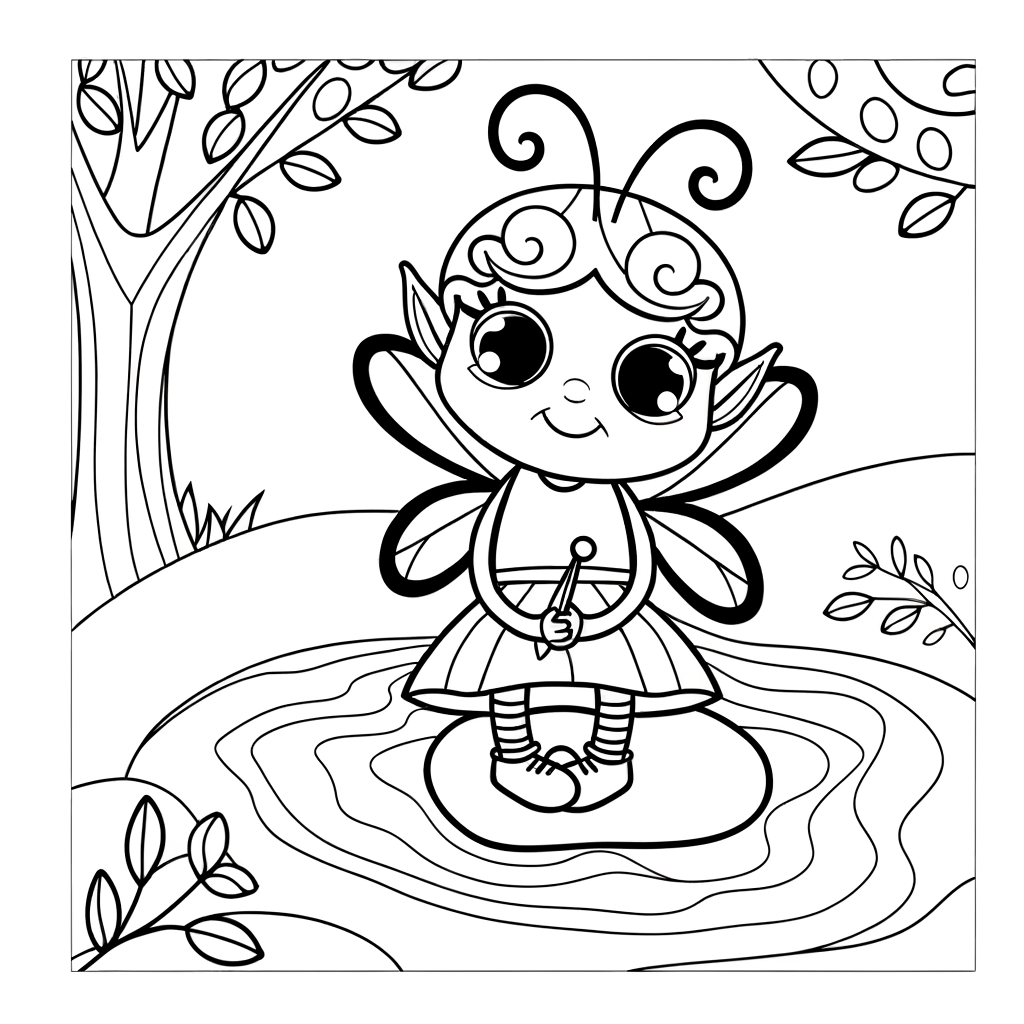 Cartoon fairy coloring page showing a cute fairy with wings sitting by a woodland stream surrounded by trees and nature