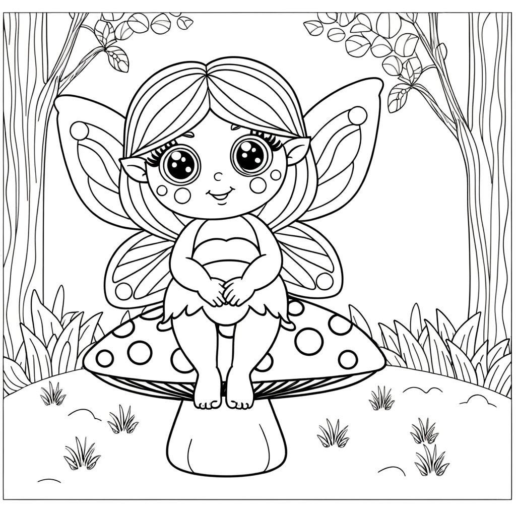 Coloring page of a cartoon fairy sitting on a mushroom in an enchanted forest with trees and magical elements