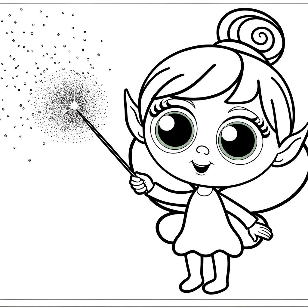 Cartoon fairy coloring page showing a cute fairy character with wings holding a magic wand and sprinkling glittering dust