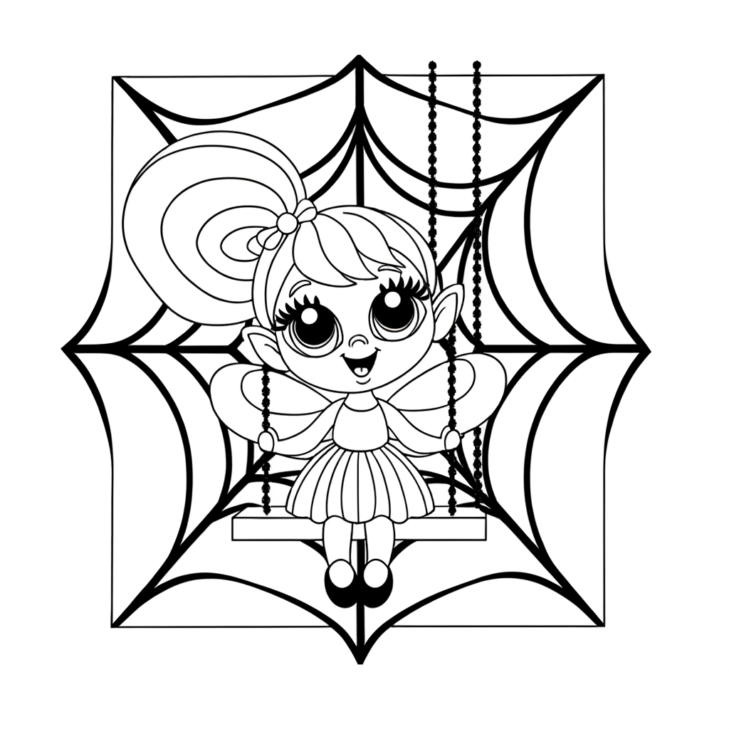 Cartoon fairy character swinging on a spider web swing coloring page