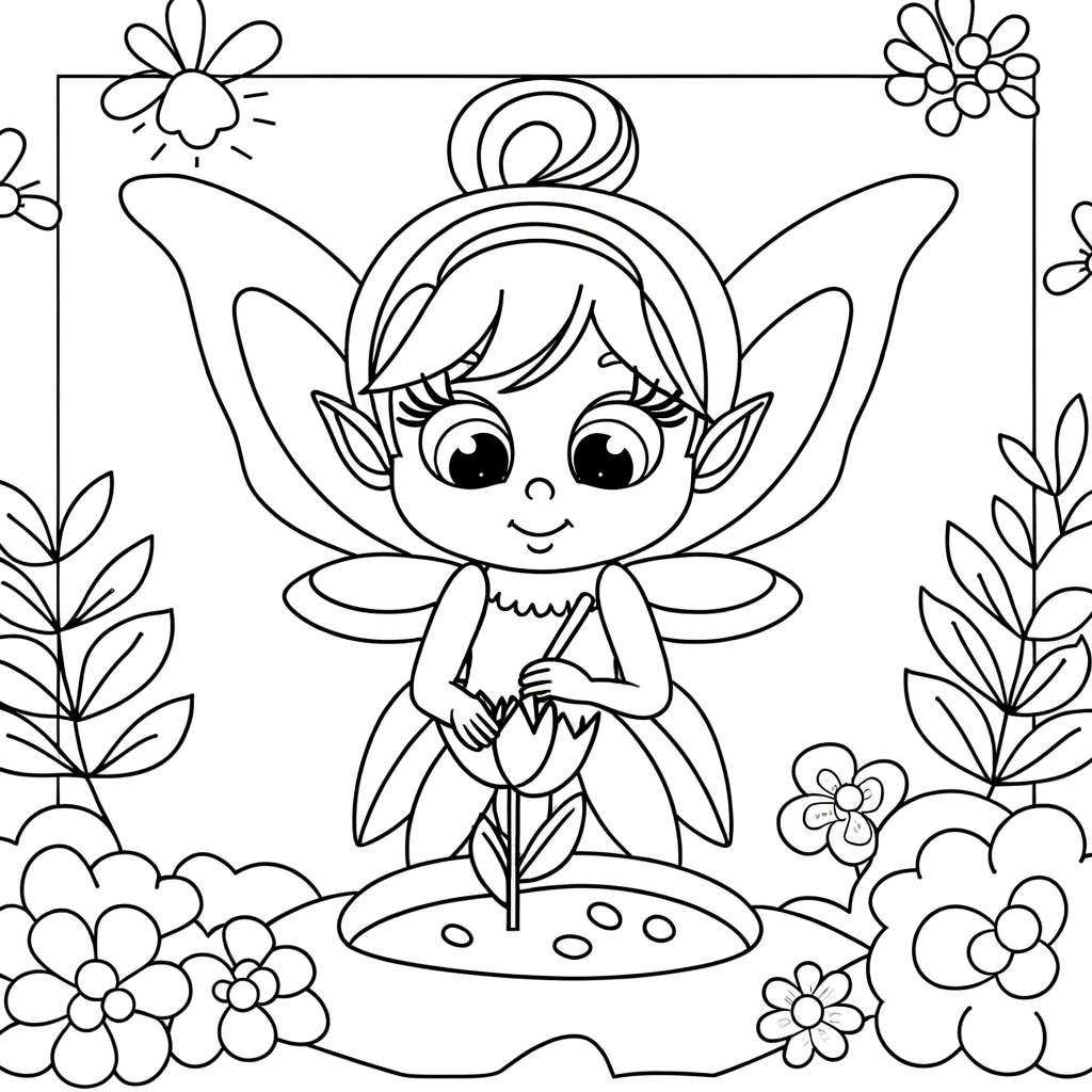 Cartoon fairy with wings tending to flowers in a magical garden coloring page