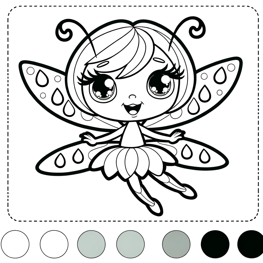 Cartoon fairy coloring page with dewdrops on wings