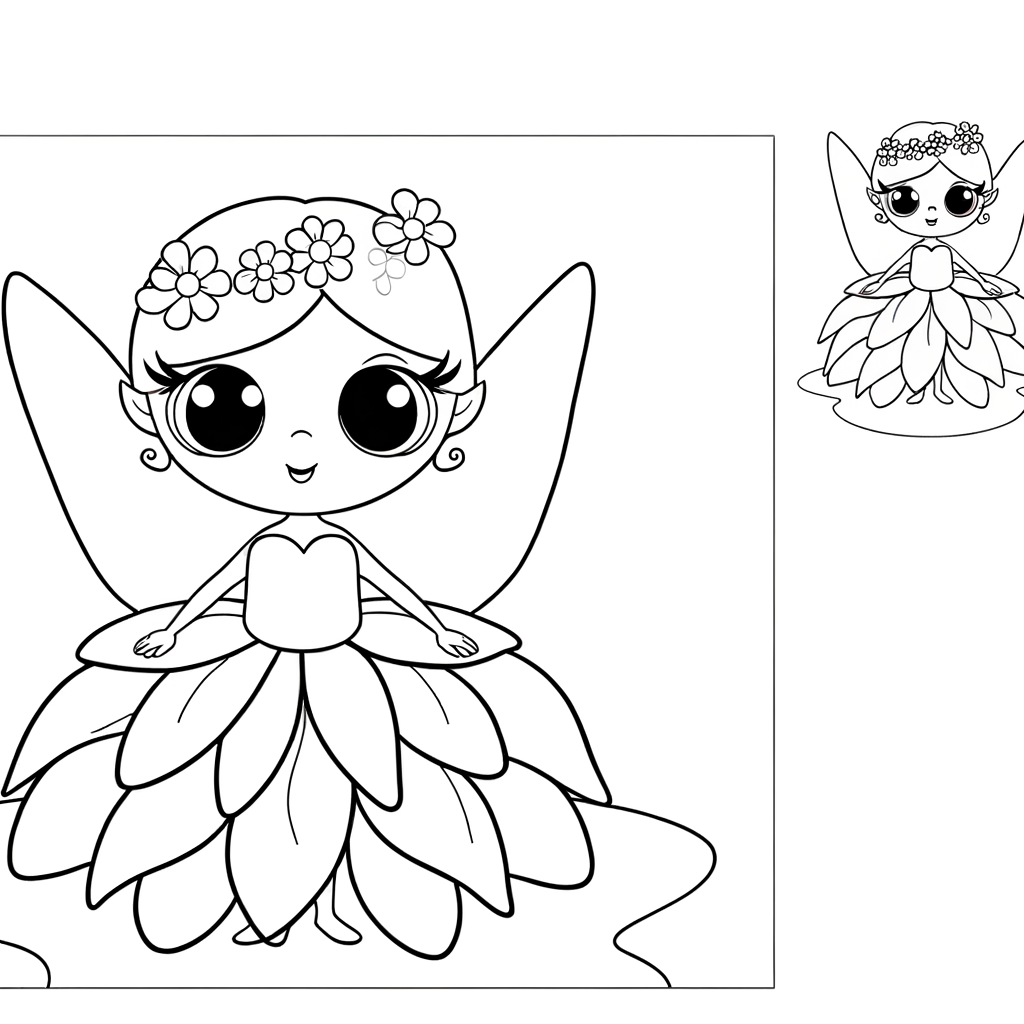 Cartoon fairy coloring page with flowing dress made of flower petals