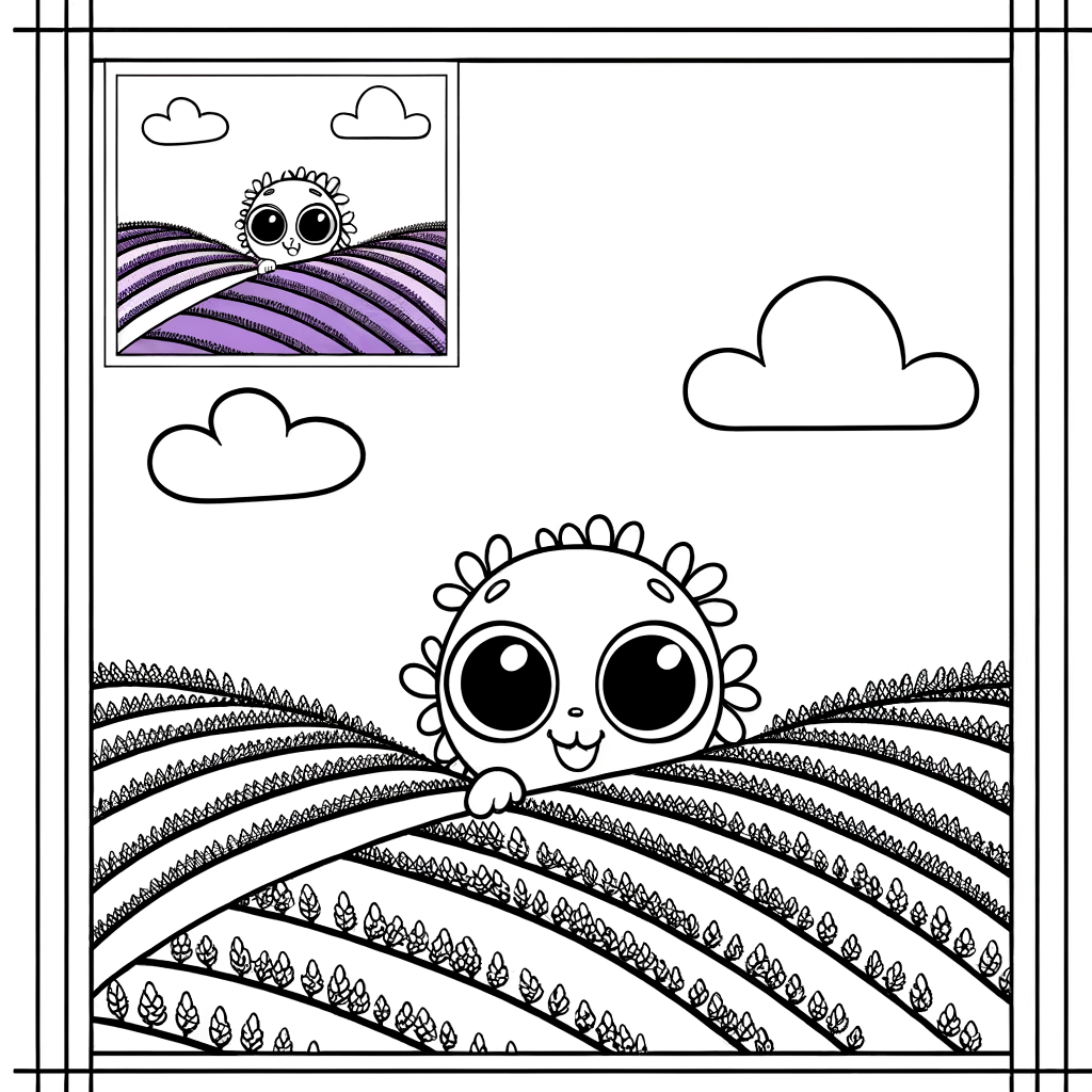 Cartoon lavender field coloring page showing organized purple rows of lavender plants