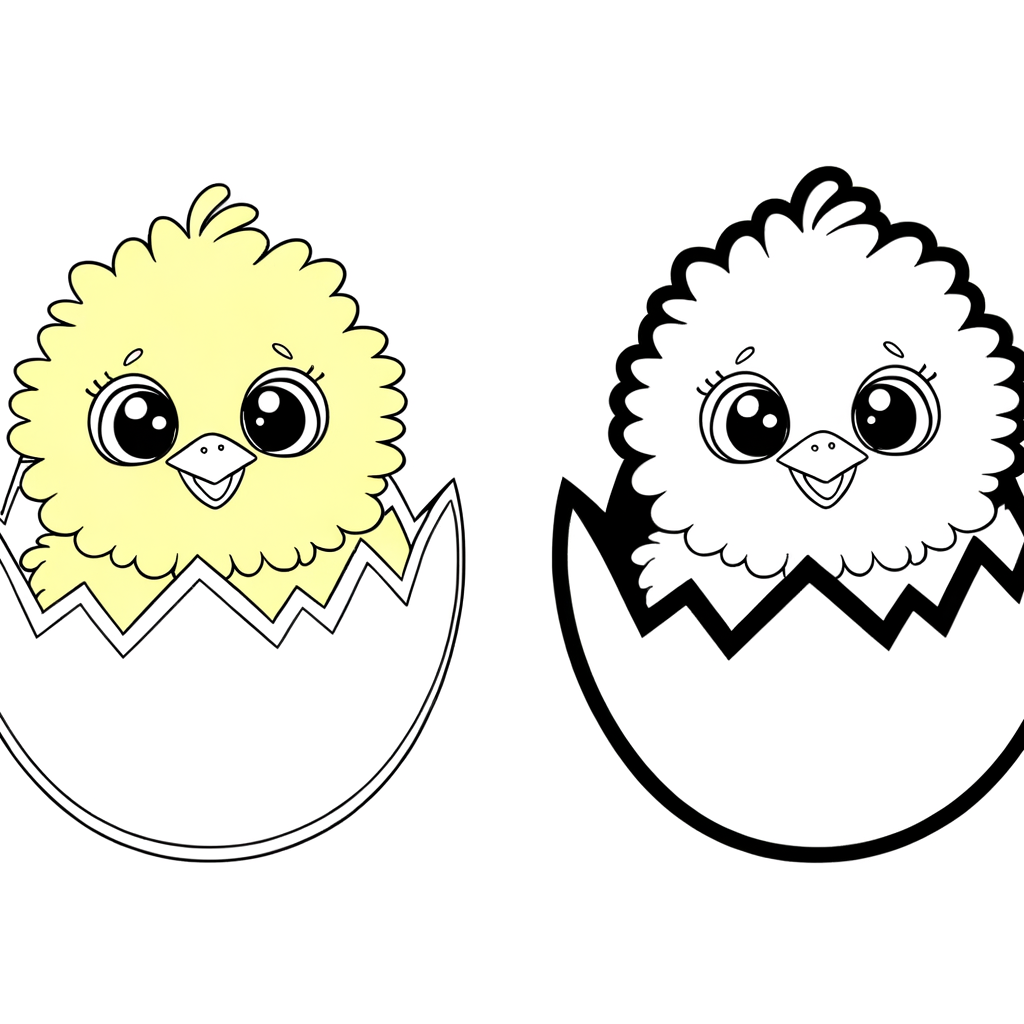 Coloring page of cute fluffy yellow baby chick hatching from cracked egg shell