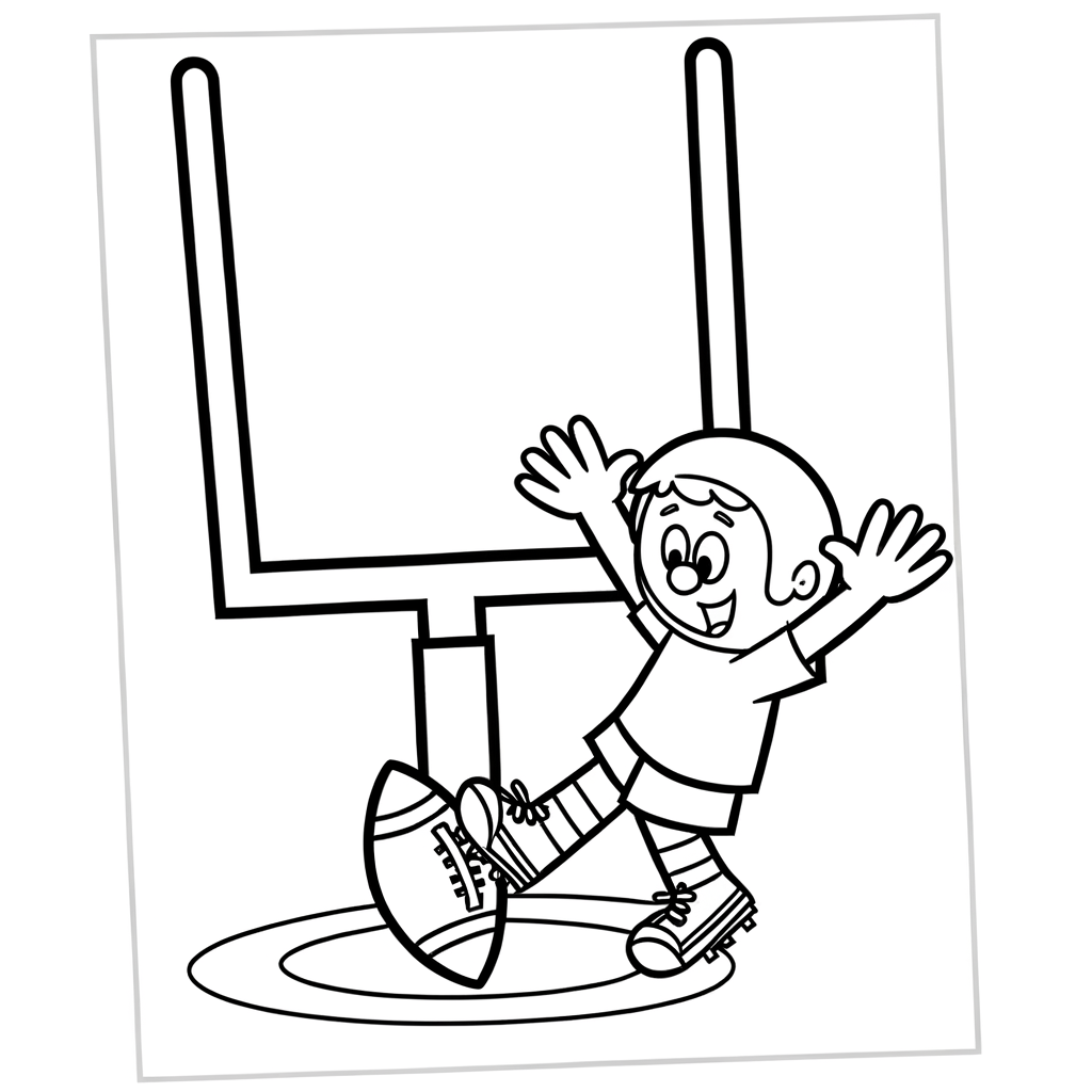 Cartoon football field goal kick coloring page showing ball going through goalposts