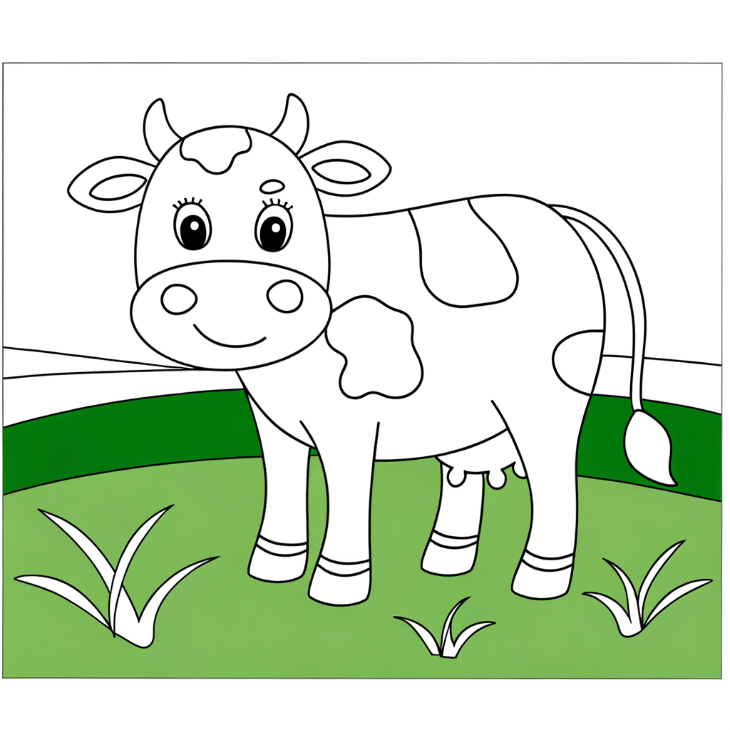 Coloring page of a cartoonlike friendly cow standing in a green pasture.