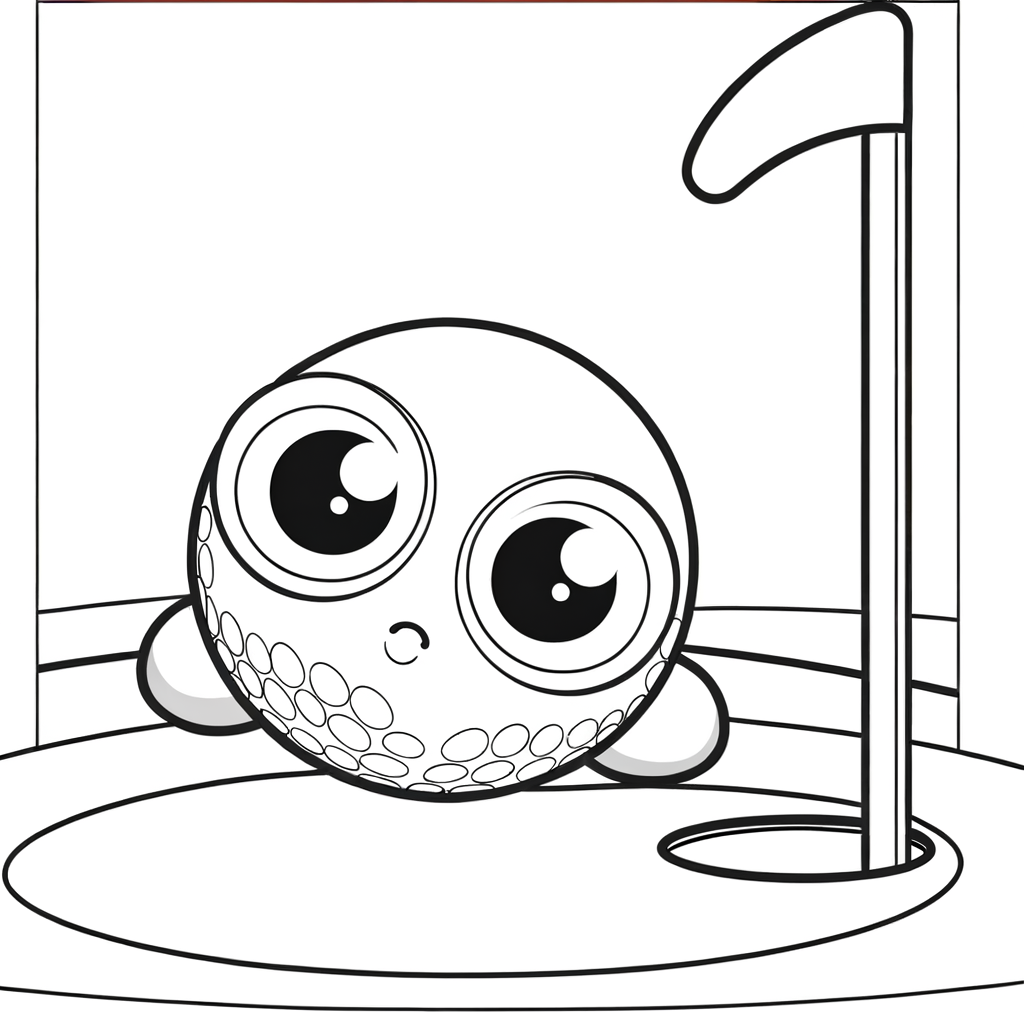Coloring page showing a cartoon golf ball rolling toward a hole on a putting green