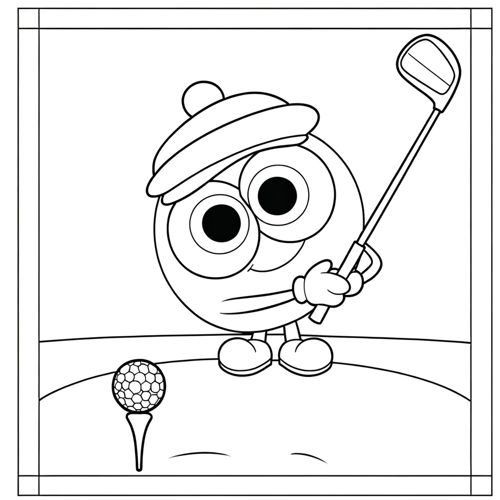 Cartoon golfer character swinging golf club at ball on tee coloring page